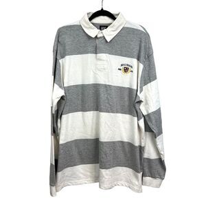 BDG Urban Outfitters Rugby Polo Shirt Stripe Embroidered Crest Gray Beige Men M*
